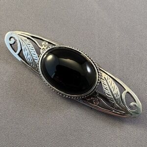 Vintage Bar Brooch Black‎ Stone Silver Leaves Whimsigoth Estate Costume Jewelry